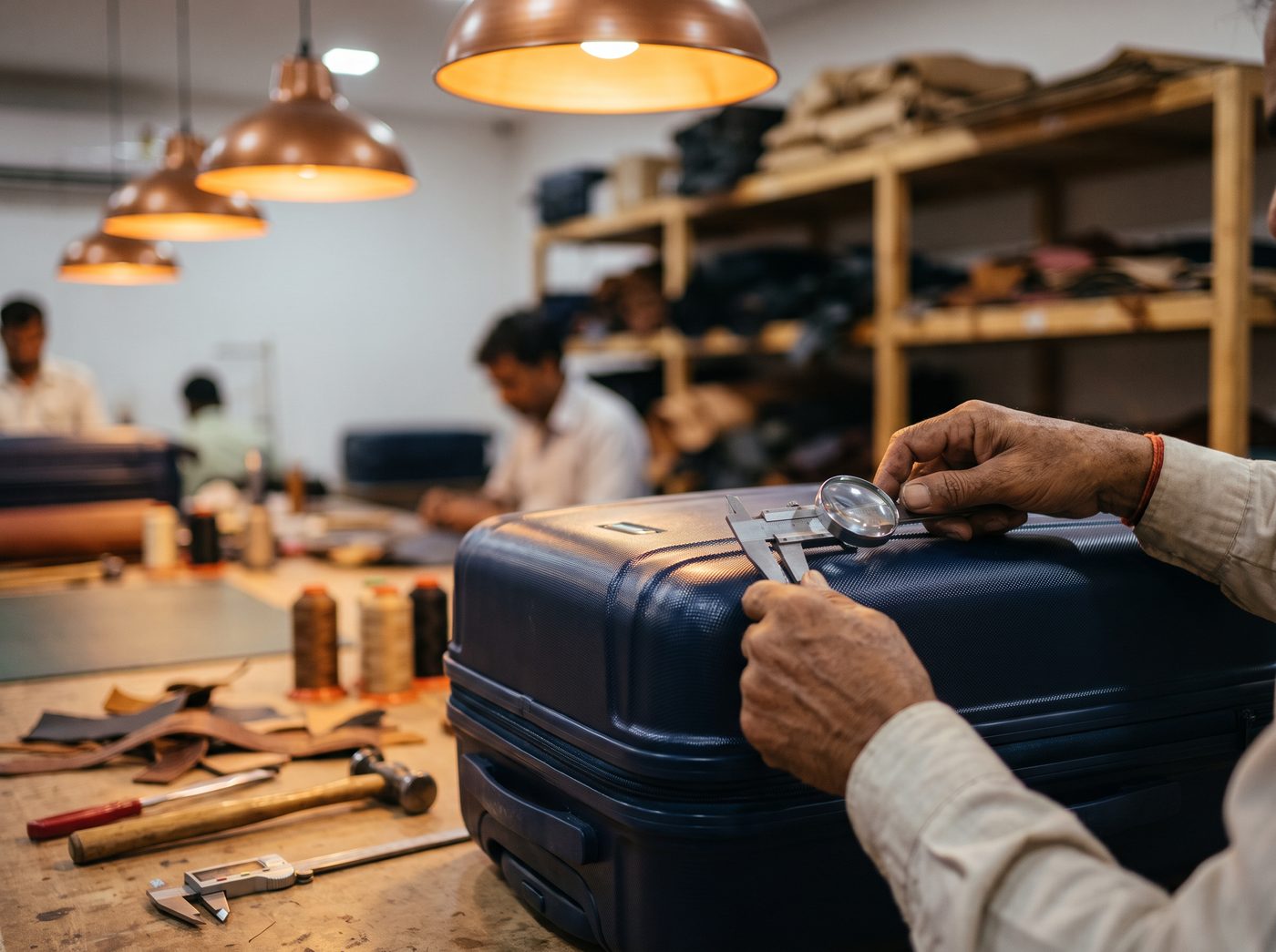 A craftsman inspects a Galisto Lifestyle suitcase shell with precision calipers on a workbench.