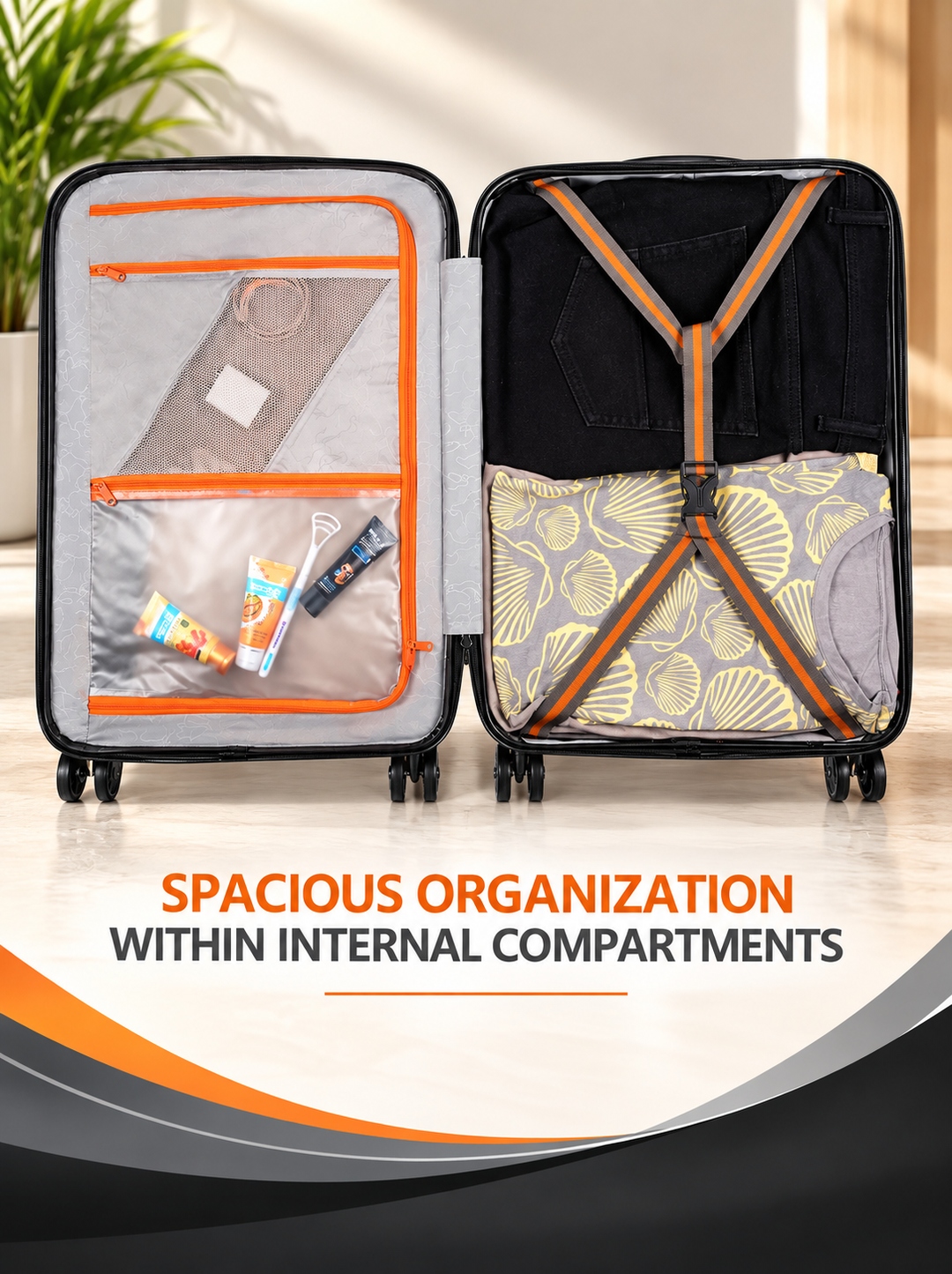 Open Galisto case showing spacious internal compartments with orange-accent zippered mesh pockets and a cross-strap system.