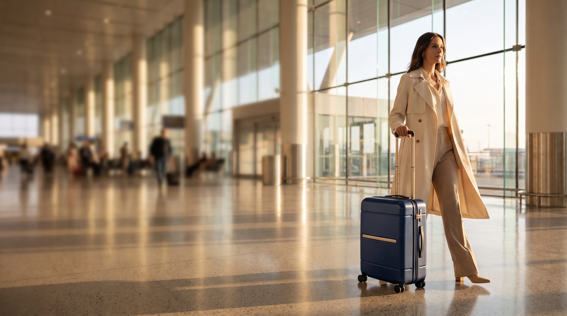 A traveler in a cream trench coat pulls a navy Galisto Lifestyle hardshell suitcase through a sunlit airport terminal.