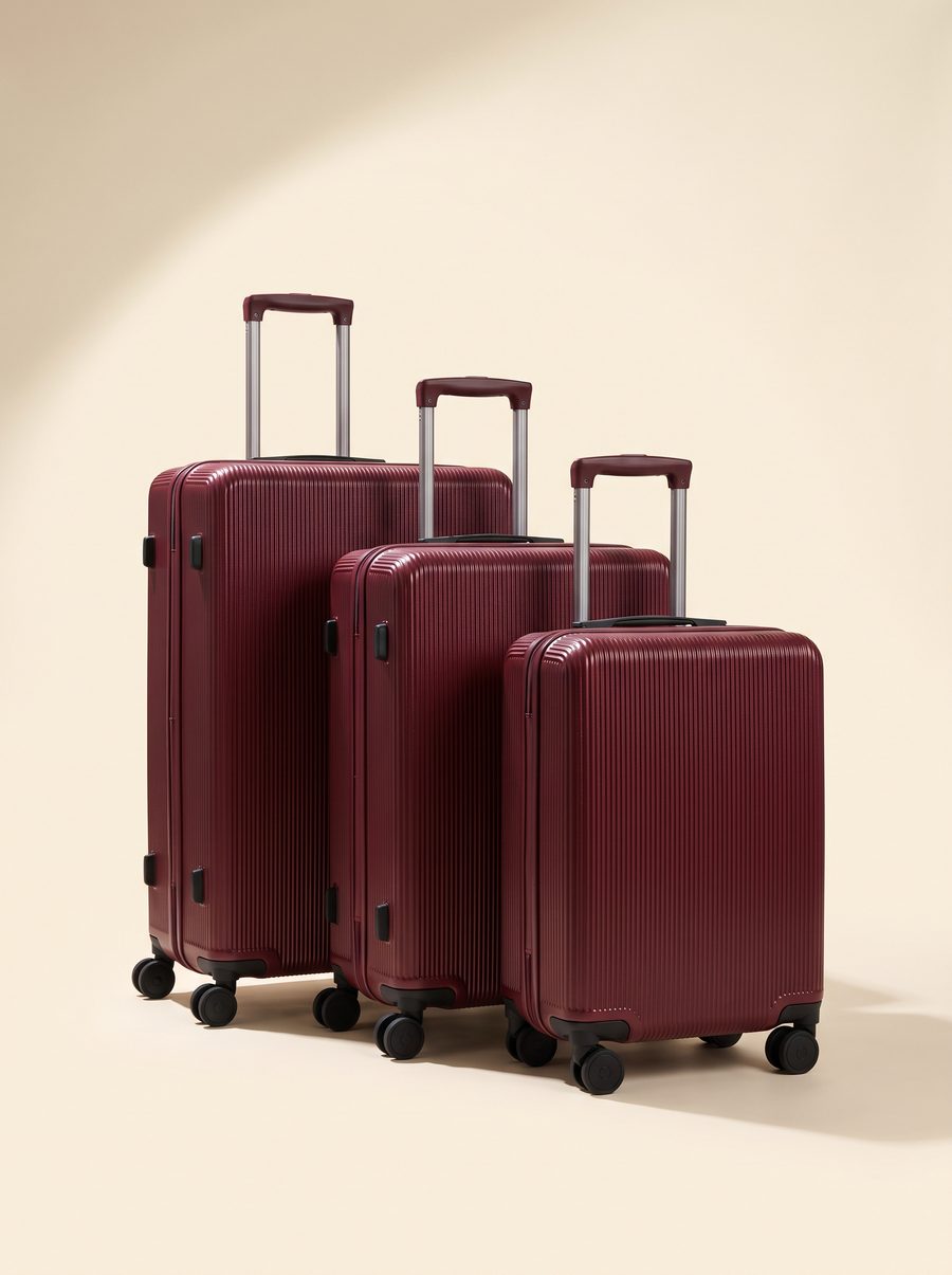 Kyrene collection hardshell luggage set in wine red.