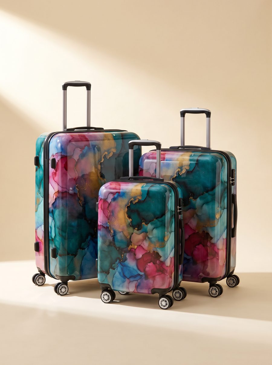 Manali collection hardshell luggage set in a vivid watercolor print.