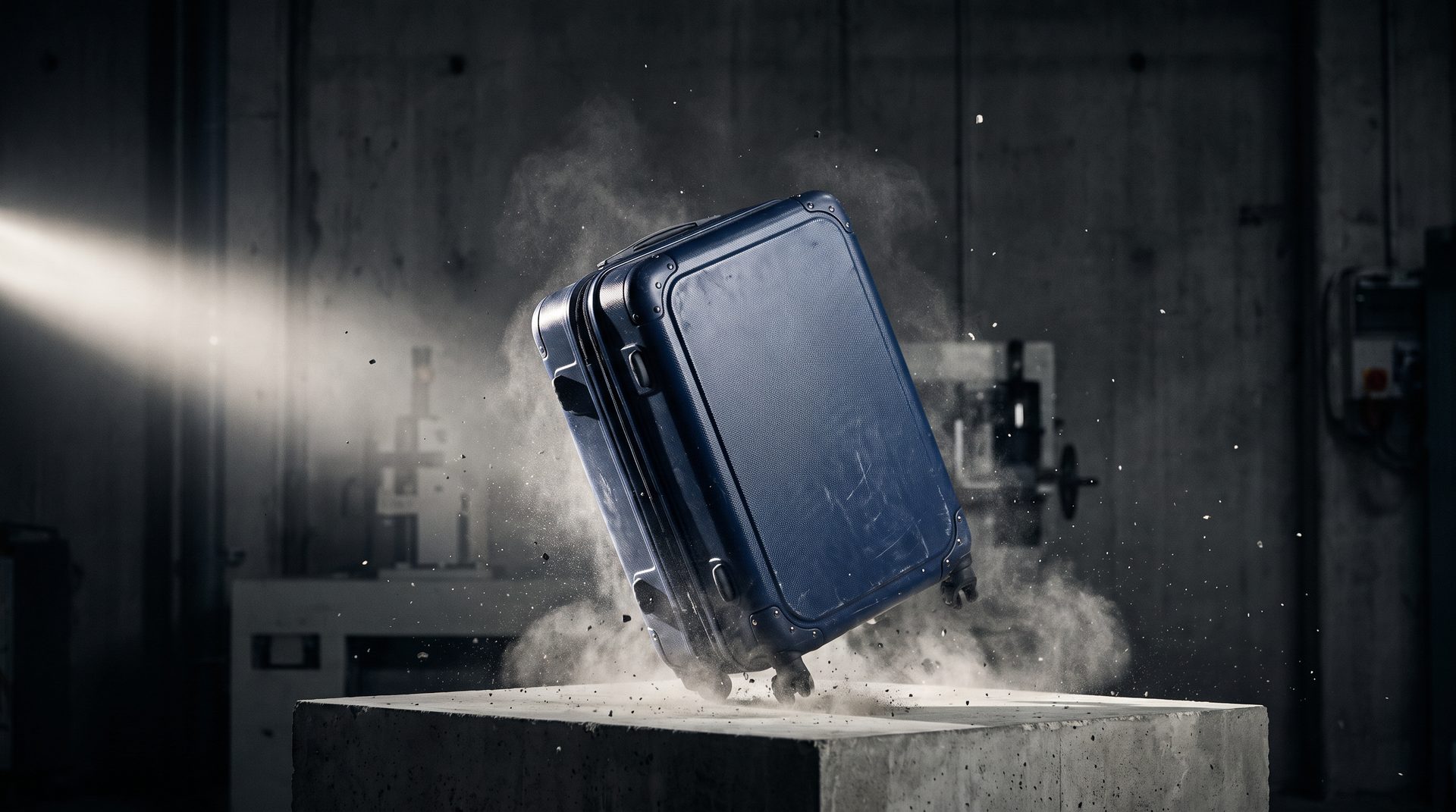 A navy Galisto hardshell suitcase mid-drop during an impact durability test.
